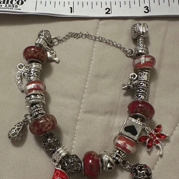 Handmade-NWOT-925 SS plated charm bracelet. Red lamp work beads variety charms - Picture 11 of 12